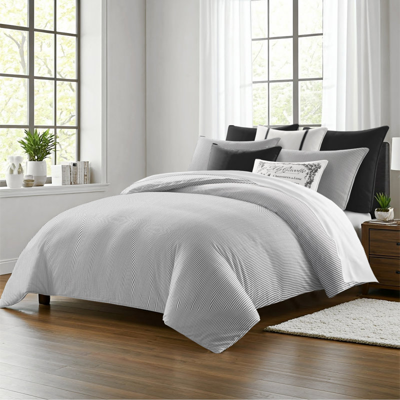 Jaxon Stripe Reversible Cotton Comforter Set, Cal.King Comforter + 2 King Shams, Ebony