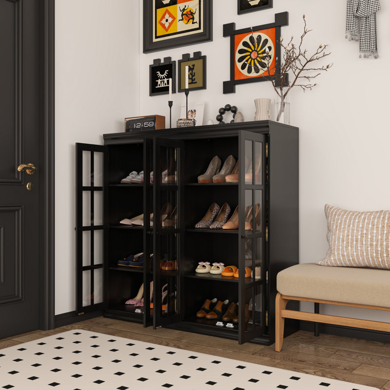 24 Pair Stackable 4-Door Black Shoe Cabinet With 8 Shelves, Black