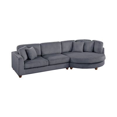 Contemporary 2Pc Sectional Set XL Plush Corduroy Fabric Dark Gray LAF Sofa RAF Round Chaise W Pillows Living Room Couch