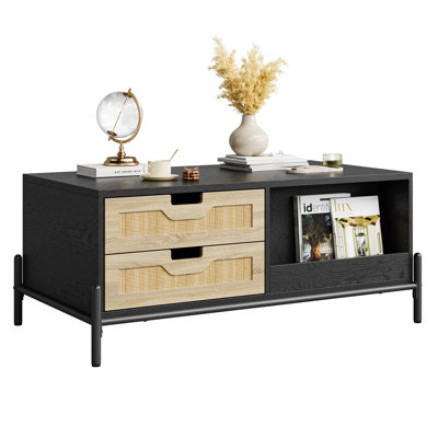 Rattan Coffee Table with LED Light, Modern Centre Table with Storage Drawers