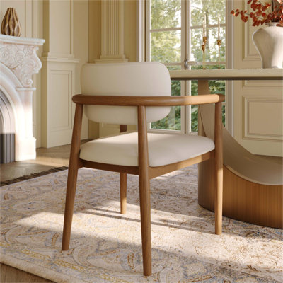 Mid-Century Modern Solid Wood Upholstered Dining Chair, Faux Leather Dining Chair with Arms, Accent Chair for Living Room, Beige & Light Walnut