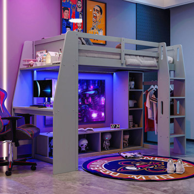 Lit mezzanine simple en bois avec bureau, étagères à rangement multiples, support à vêtements à DEL et gris, gris