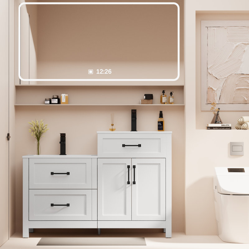 Sharee 48" Double Sink Bathroom Vanity Set With Two Separated 24" Ceramic Tops, Two Different Height