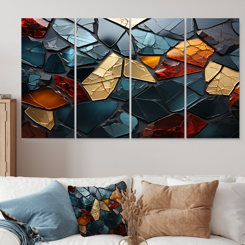 Carreaux de mosaïque cubiques dorés et bleus V - marbre abstrait, ensemble de 4 décorations murales, H 28 po x l 48 po