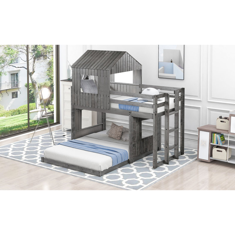 Lit superposé simple au-dessus d'un lit double en bois avec maisonnette, look en gris antique et garde-corps pour un divertissement sécuritaire, structure en pin massif, niveau de soutien supérieur de 400 lb, deux façons d'assemblage du bas 600 lb