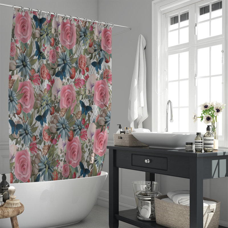 Rideau de douche simple à motif floral Basti, Rose, bleu, H 93 po x l 70 po x P 6 po