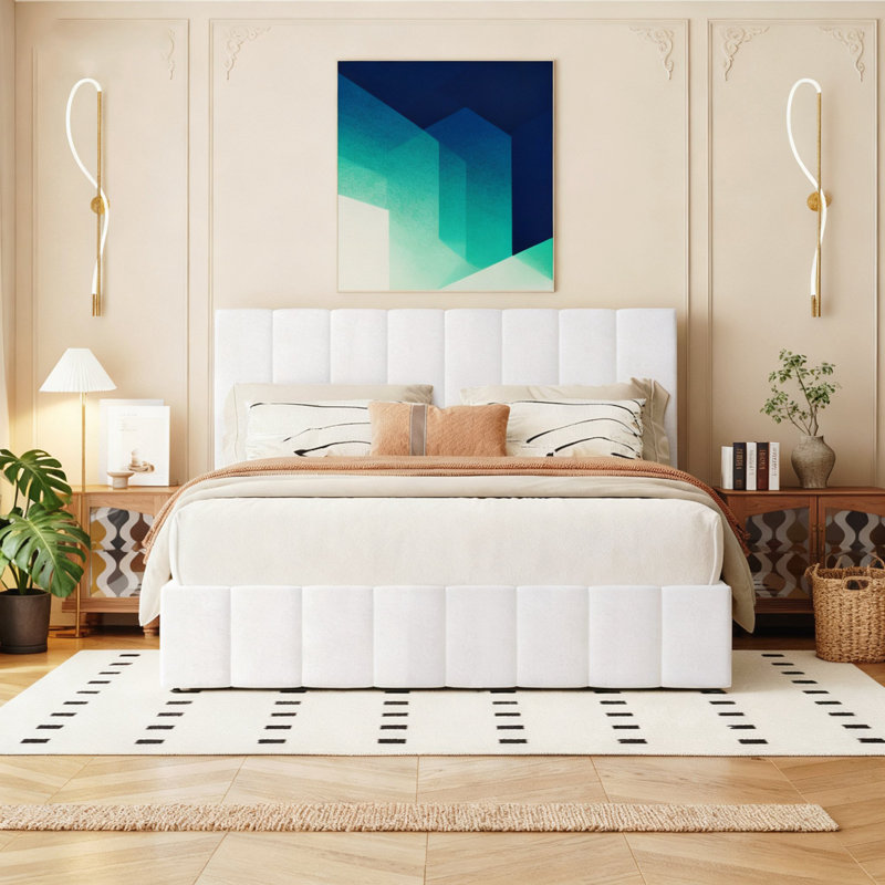 Queen Size Upholstered Platform Bed, White