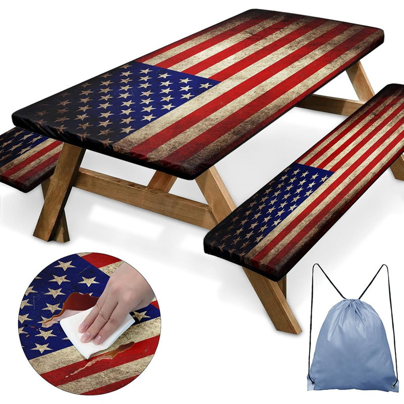 Picnic Table Cover With Bench Covers Elastic Edges, American Flag Fitted Table Cover, Outdoor Patio Camping Essentials, Waterproof Camping Fitted Tablecloth With Drawstring Bag