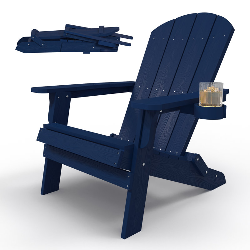 Outdoor Folding Adirondack Chair HIPS Oversized Plastic Adirondack Chair All Weather Patio Chair with Cup Holder Fire Pit Chair, Navy