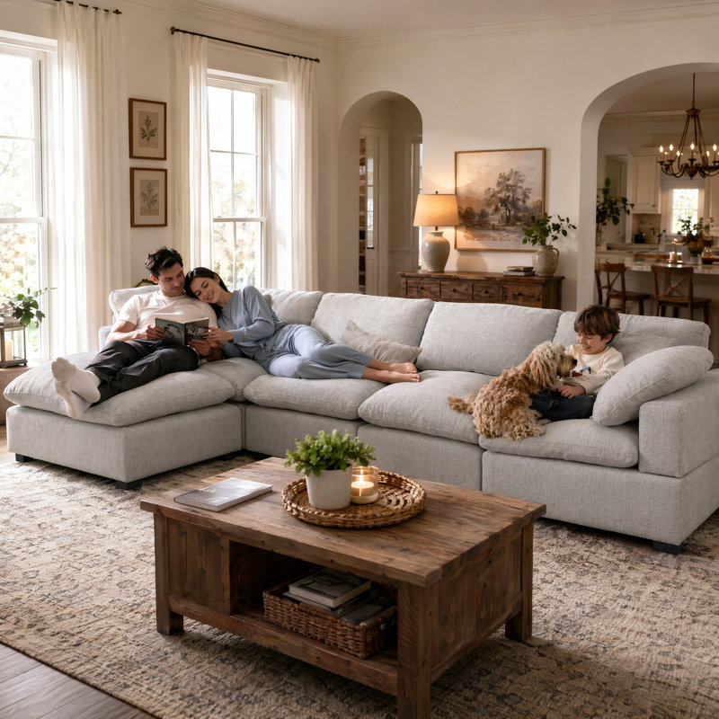 Amiyiah 142 Inch Upholstered L-shaped Soft Cloud Couch Sectional With Ottoman, Light Gray Polyester, Light Gray Polyester