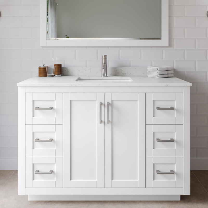 Ensemble de meuble-lavabo simple autoportant 48 po avec plateau en marbre Miranda, Marbre de culture de Carrare, Blanc