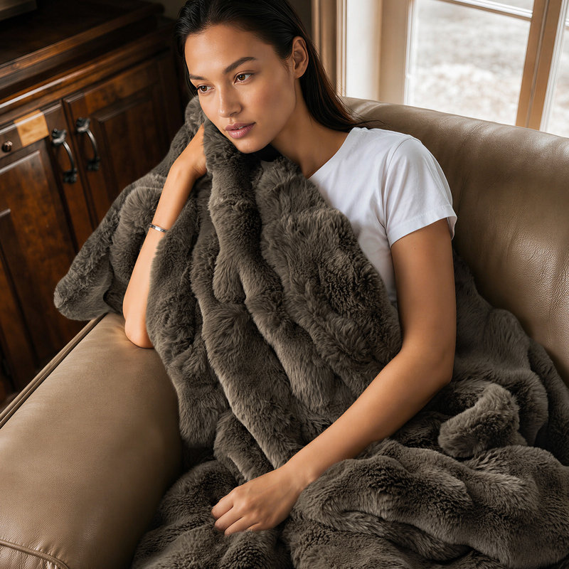 Double-Sided Bubble Faux Fur Throw Blanket, 60"x80", Dark Taupe