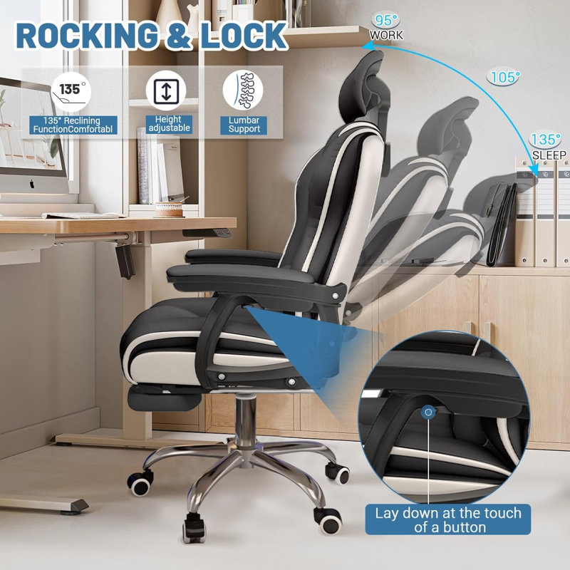 HDHNBA Adjustable Reclining High Back Office Chair 360 Degree Swivel Wheels Heavy Duty Metal Base, Black