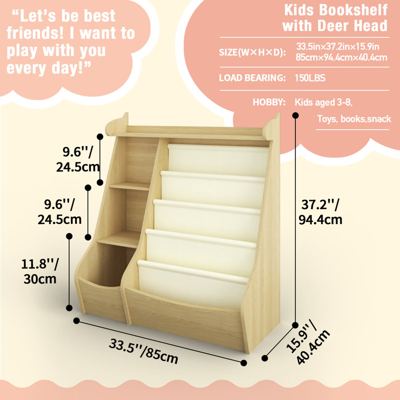 Kreena 37.17"H x 33.46"W 4 Tier Book Display Bookcase Bookshelf with Storage Organizer, Wood