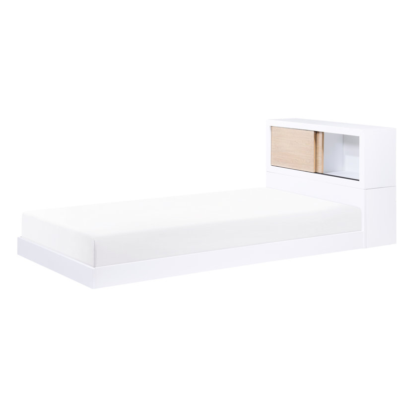 Lit simple blanc et naturel avec tête de lit bibliothèque - Design compact pour chambre d'enfant