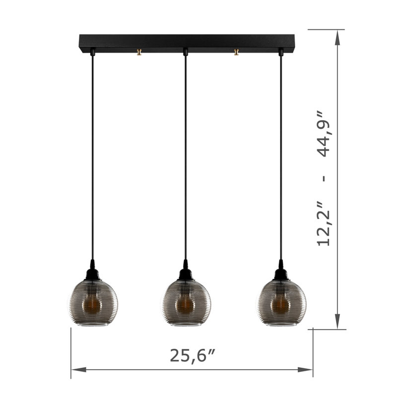 Luminaire suspendu pour îlot de cuisine 3 lumières à hauteur réglable avec capuchon en verre