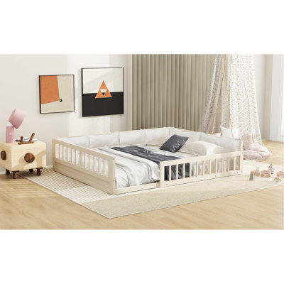 Lit plateforme double tapissier pleine grandeur beige avec garde-corps et coussin moelleux - construction durable
