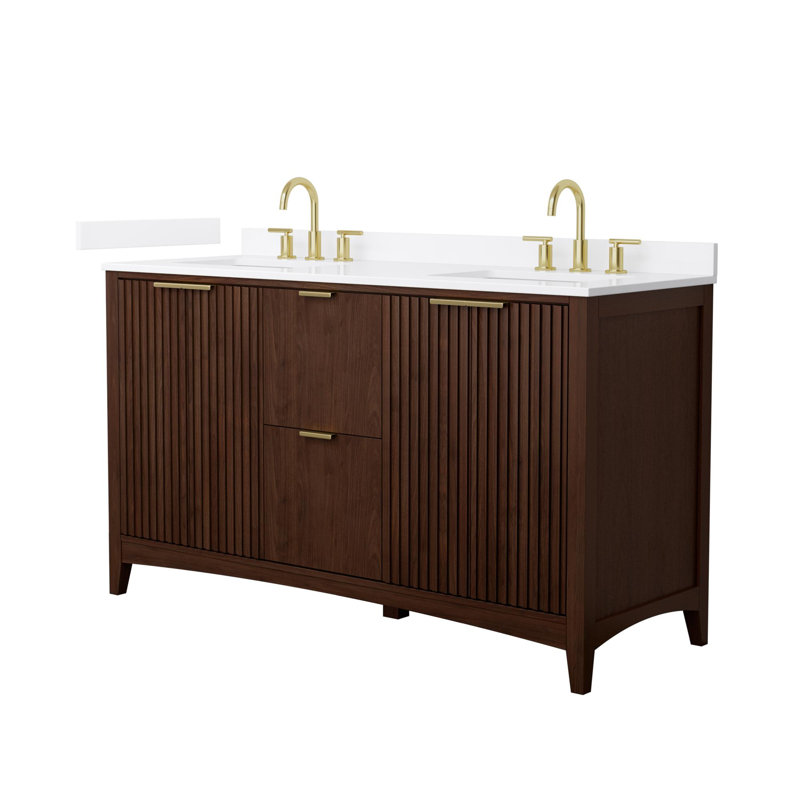 Palmilla 60" Freestanding Double Bathroom Vanity with Quartz Top, Brushed Gold, Brown