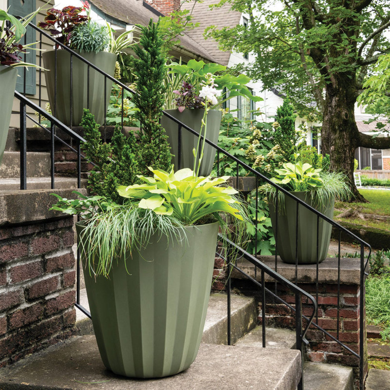 Crescent Garden Pleat Modern Round Pot Planter, Olive, 27" H x 27" W x 27" D