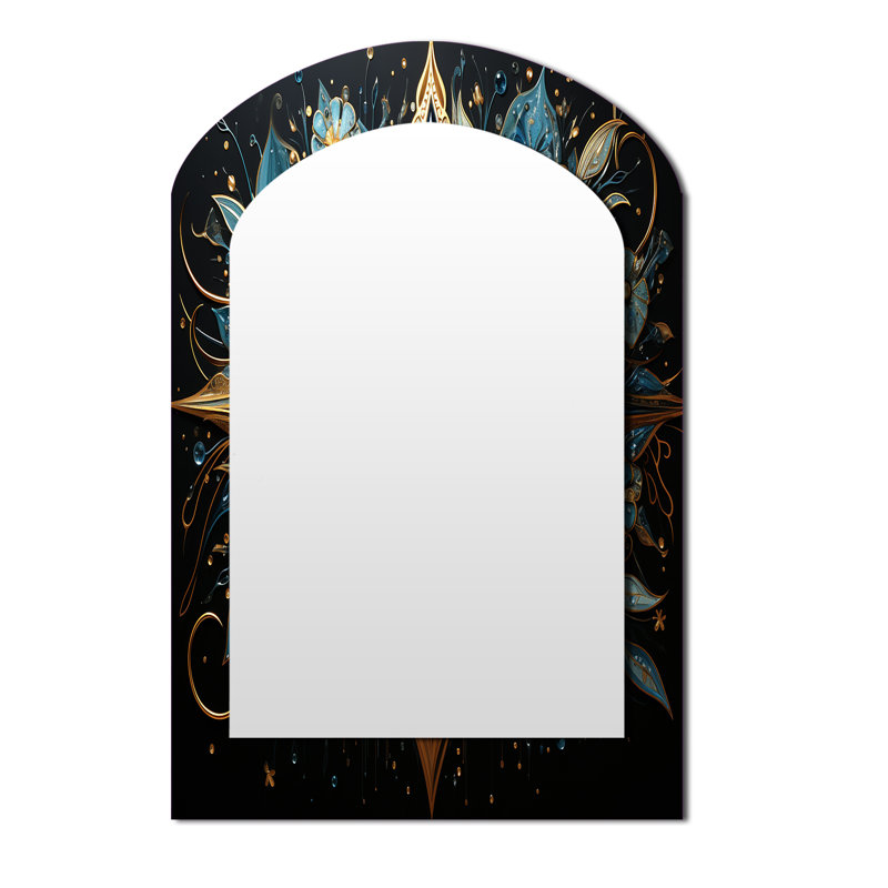 Judaism Hamsa Blessings Eye I - Judaism Arch Wall Mirror, Gold Asymmetrical Decorative Mirror, Printed Metal Art, 43" x 33"