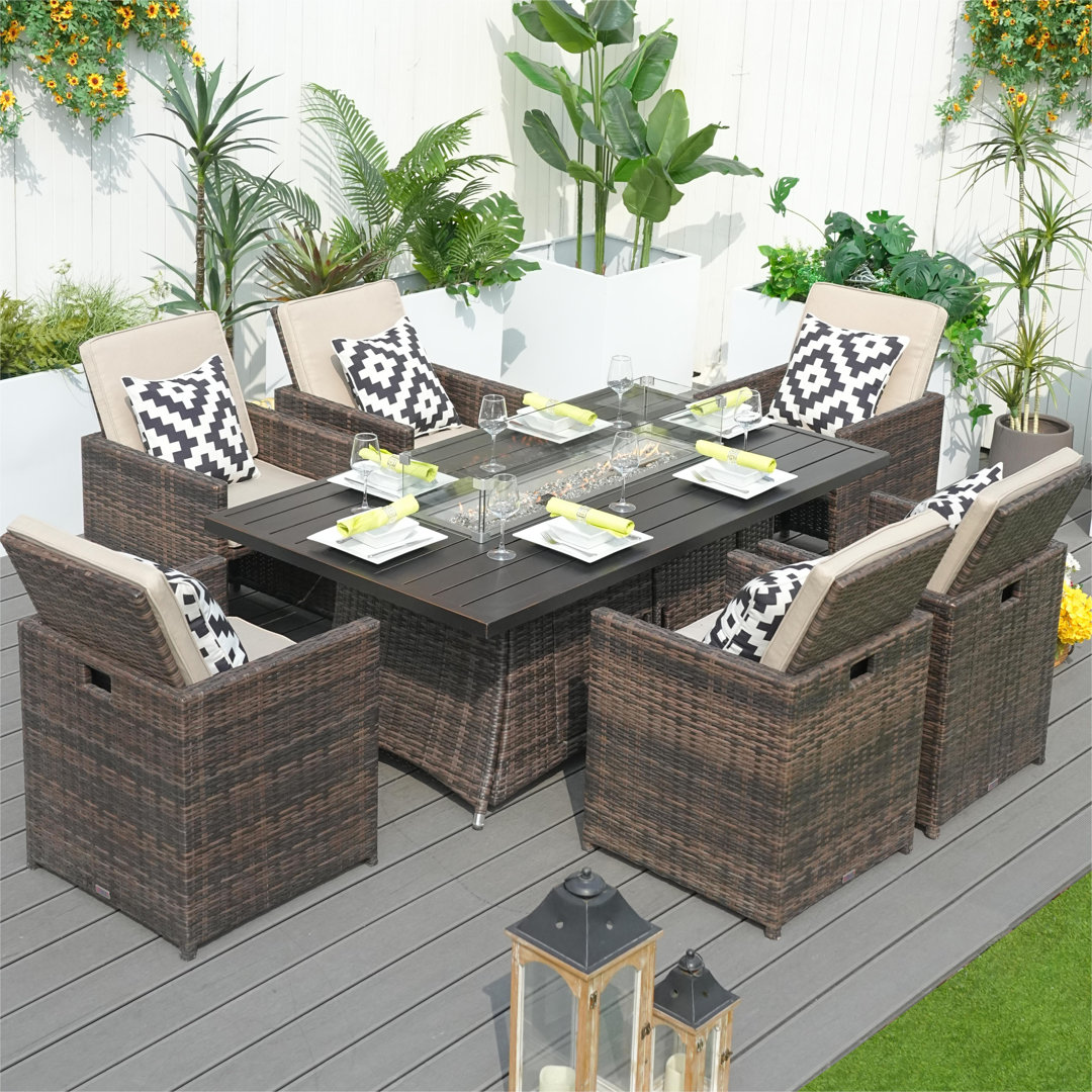 Takuya Rectangular 6 - Person 70.87'' Long Fire Pit Table Dining Set with Cushions Ebern Designs Frame 