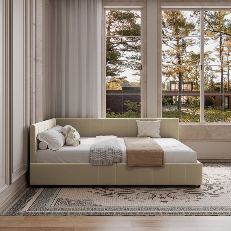 Lit de jour rembourré avec dossier, accoudoirs réversibles et tiroirs de rangement, Beige, Lit double