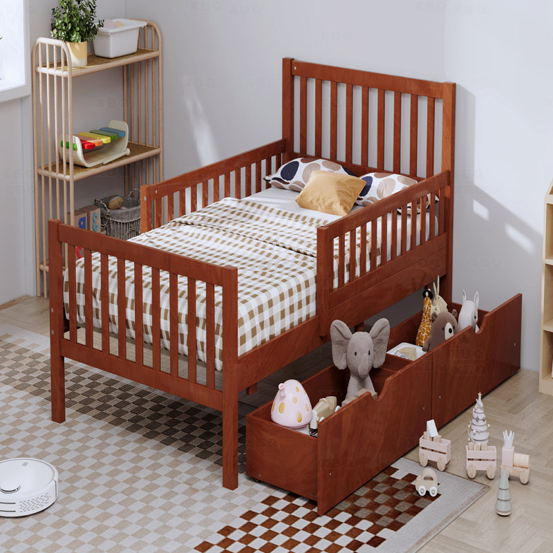 Lit plateforme simple en bois avec garde-corps des deux côtés et deux tiroirs de rangement, Lit simple