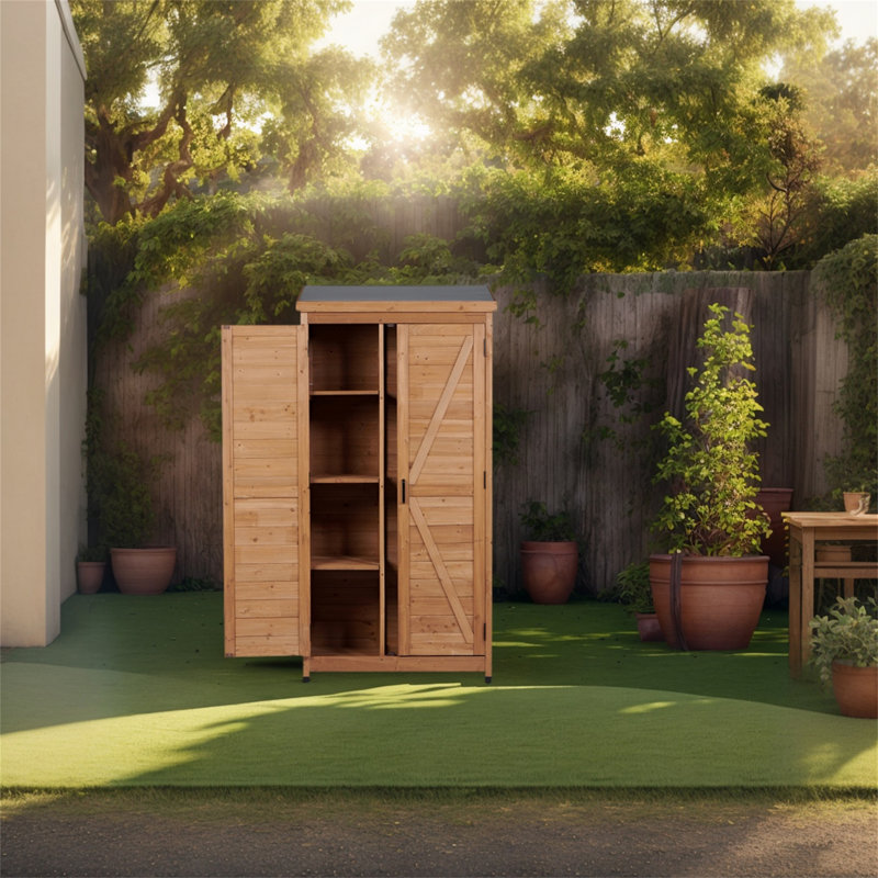 Outdoor Storage Cabinet and Metal Top,68 Inches Wood Tall Shed for Yard and Patio, Brown