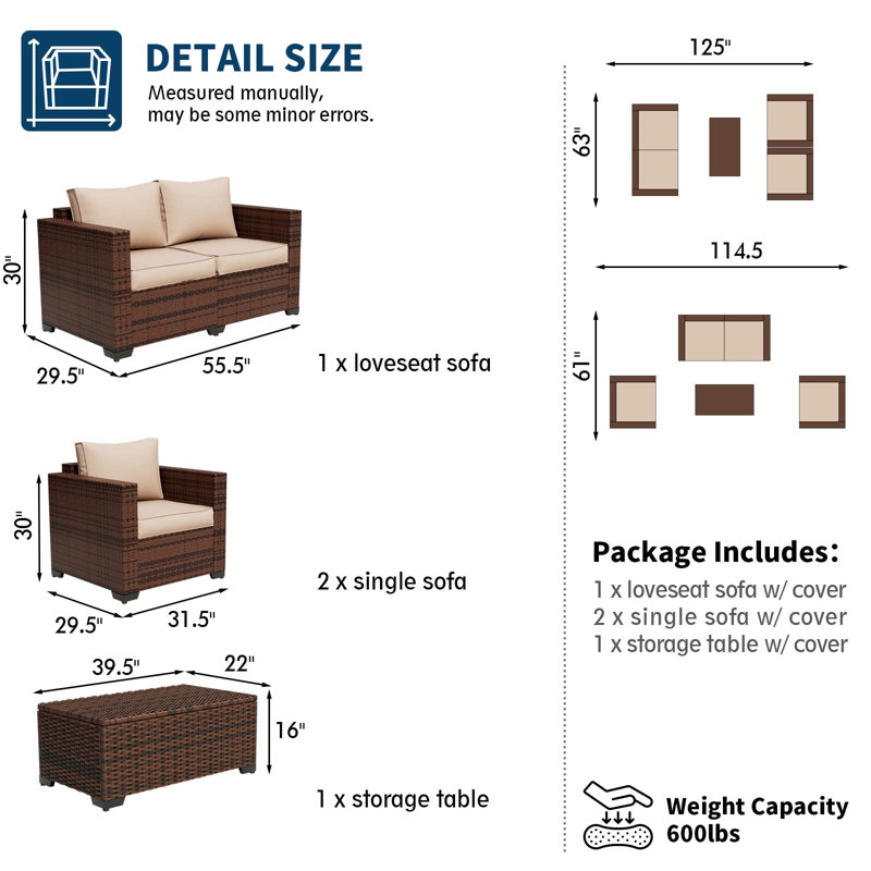 Azoriah Wicker 4 - Person Outdoor Seating Group with Storage, Khaki
