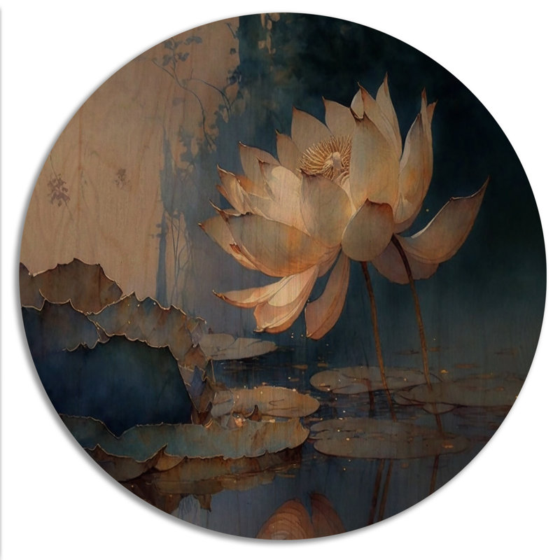 Blanc rétro lotus à l'aube - Art mural bois de lotus floral - Bois de pin naturel, H 36 po x l 36 po x P 1 po