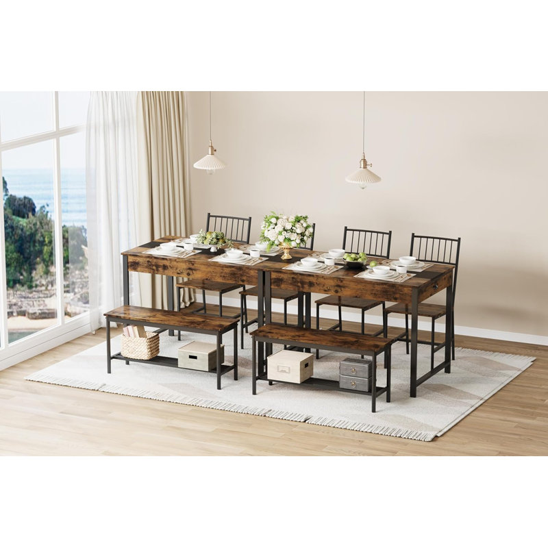 4-Piece Dining Table Set for 4 People,Rectangular Kitchen Table Set with 2 Chairs & 1 Bench,Double Side Drawers,Perfect for Dining Room,Kitchen,Restaurant,Yard