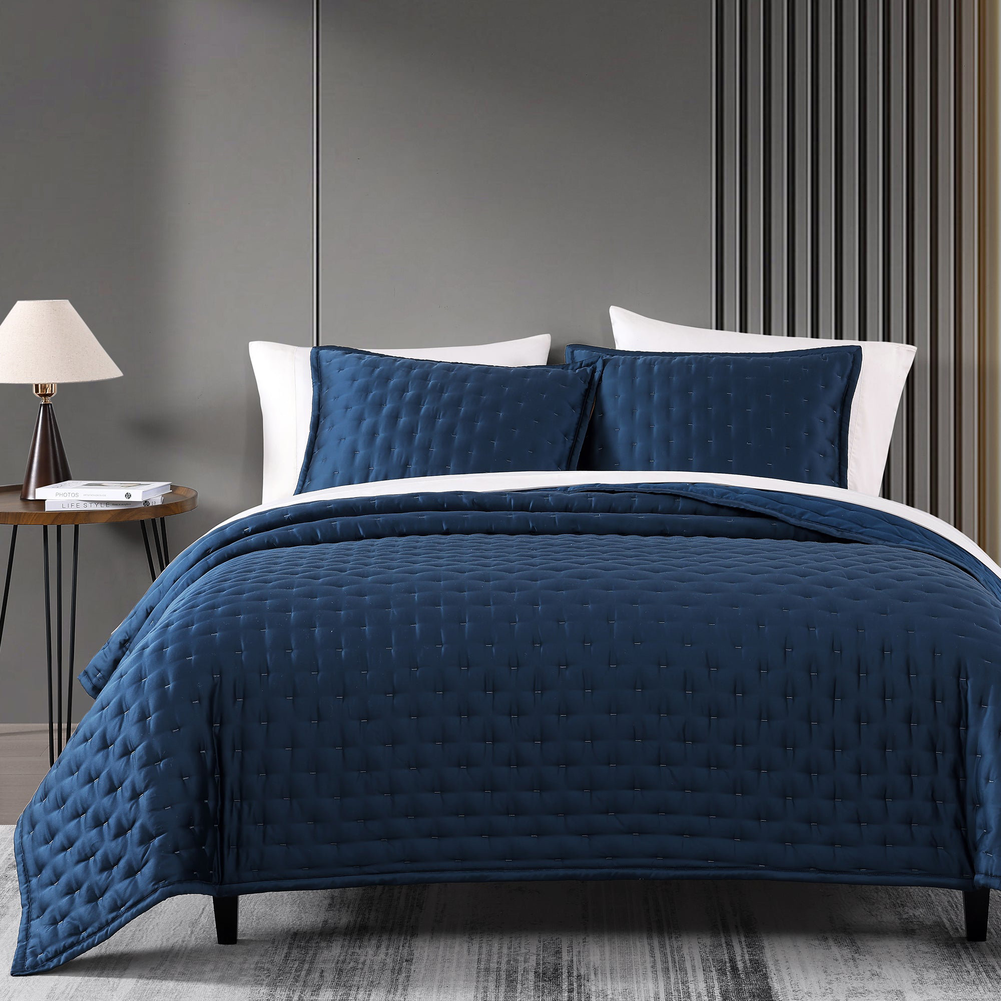 Brockham Premium 100% Lyocell Silky Soft Modern Contemporary 3 Piece Quilt, Regal Blue, King Quilt + 2 King Shams