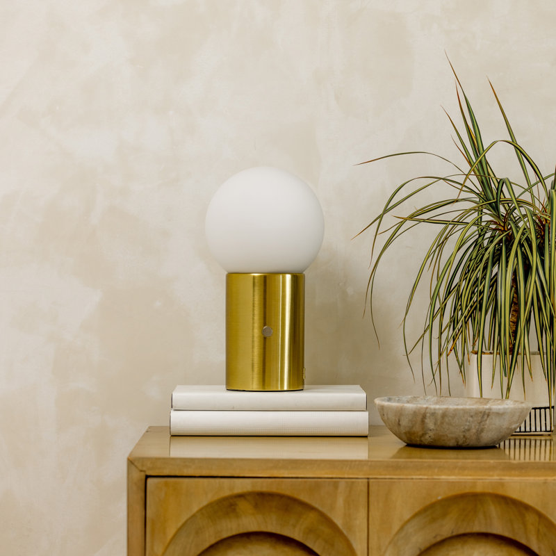 Kai 11" Modern LED Table Lamp with Gold Finish, Frosted Globe Shade, Built-In Dimmer and USB Port, Bulb Included