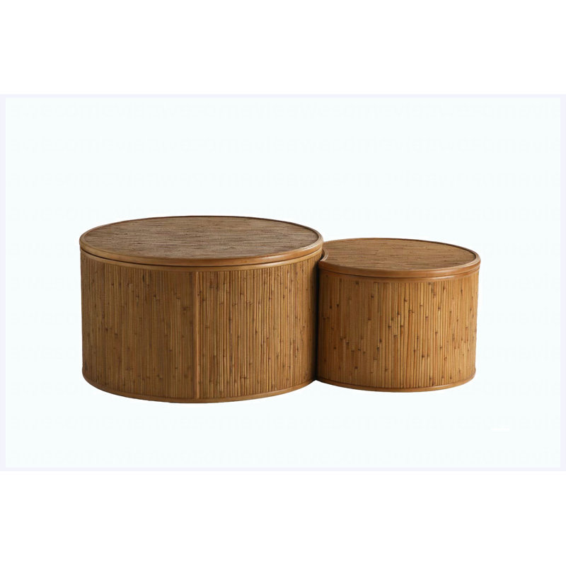 Ensemble de 2 tables basses 43,9 "en rotin rétro incrusté | Fonction de rangement, finition naturelle