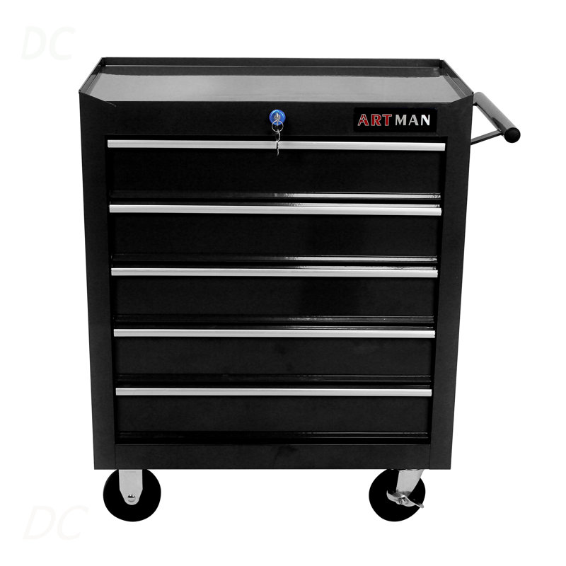 Coffre à outils 5 tiroirs, armoire de rangement pour outils pour le garage avec 4 roues et système de verrouillage, noir, buffet