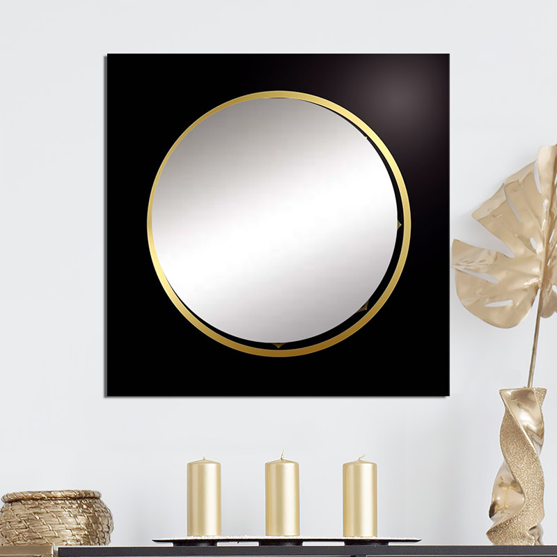 Sceau de géométrie sacrée en or sur fond noir II - art de miroir mural carré géométrique moderne, 36 po x 36 po