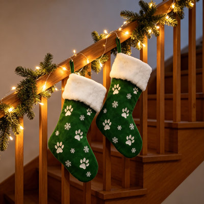 Chaussette de Noël brodée de 45 cm (17,72 pouces), motif empreintes de pattes et flocons de neige, avec revers en fausse fourrure, pour décorer le foyer et la maison à Noël.