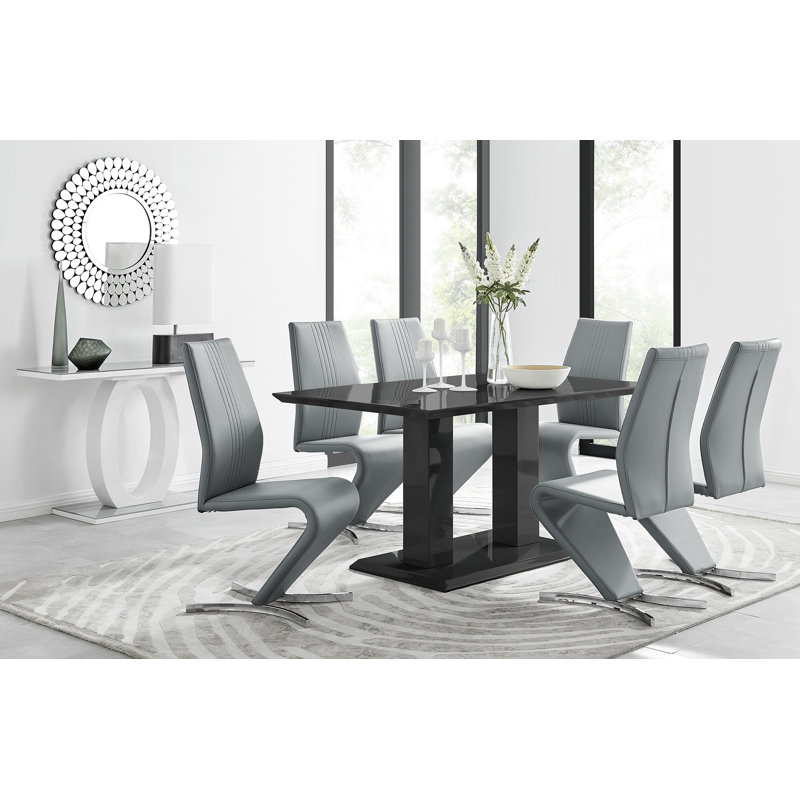 Edzard Double Pedestal High Gloss Dining Table Set with 6 Modern Faux Leather Dining Chairs, Elephant Grey