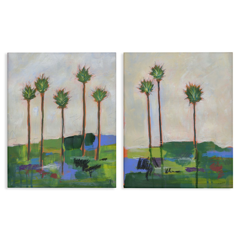  «Palm brossé paysage de palmiers», ensemble de 2 toiles d'art par Jan Weiss, H 20 po x l 16 po