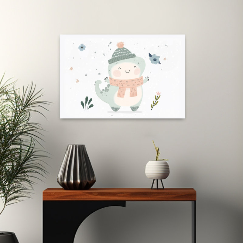 Cozy Winter Dinosaur Playful Abstract Contemporary Winter Landscape Wall Art Print by Mathieu - Wrapped Canvas Print
