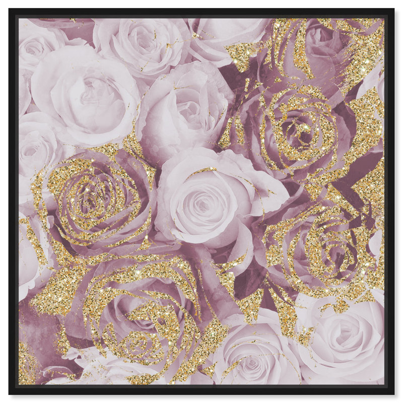 Mauve, paillettes, roses, carrés, fleurs, impression, Toile avec cadre noir, H 16 po x l 16 po
