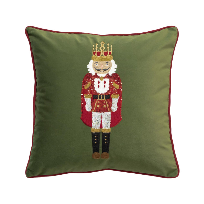 Housse de coussin en velours vert à motif de casse-noisette brodé vert l 18 po x L 18 po