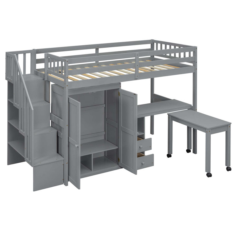 Lit mezzanine avec escalier, bibliothèque, tiroirs, bureau et garde-robe, Simple, gris