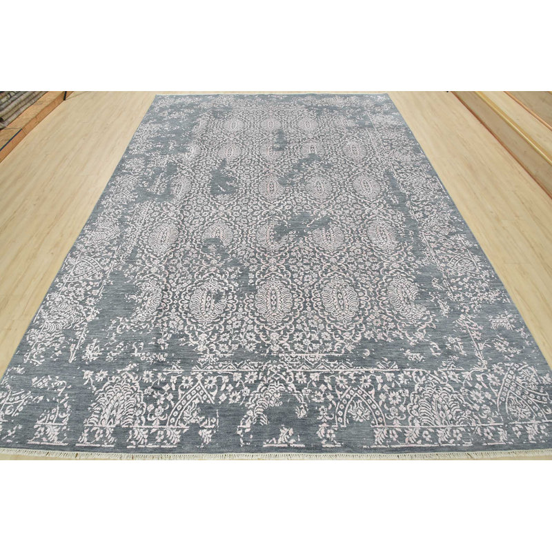 Tapis gris en laine noué à la main de conception unique 8 pi 11 po x 12 pi