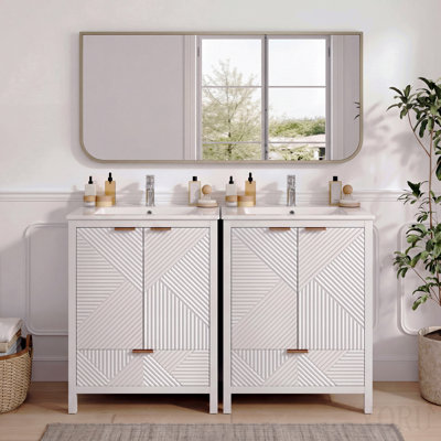 Ensemble de meuble-lavabo 48 po, meuble-lavabo moderne avec trou de robinet simple, panneaux de porte texturés et tiroir, pieds en pin, grand espace de rangement et charnières à fermeture douce, blanc