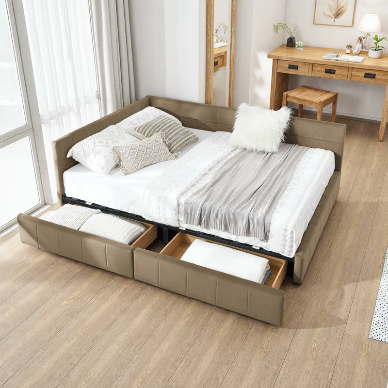 Queen Velvet Storage Daybed Sofa Bed, Mid-Century Tufted Upholstered Bed Frame with Drawers & Armrests, Brown, Queen, Brown