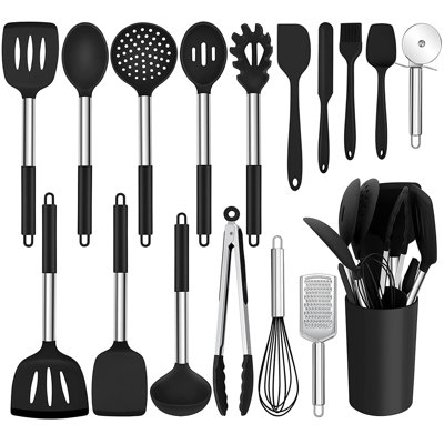 17 PCS Silicone Cooking Utensil Set, Stainless Steel Kitchen Utensils Set, Non-Stick Heat Resistant, Black -  DGPCT, USWF-CJ-027