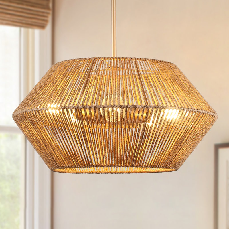 Lustre tambour en rotin tissé à la main à 5 lumières à intensité variable pour îlot de cuisine, Doré