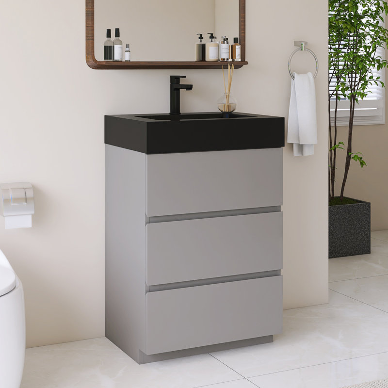 Meuble-lavabo simple autoportant 24 po avec lavabo en quartz noir, Gris, Noir, 24"