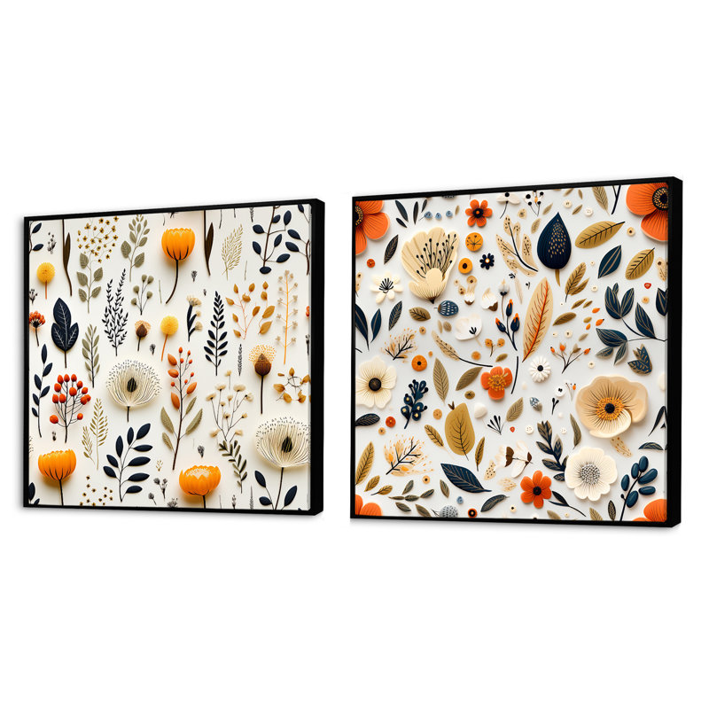 Ensemble de 2 collages blancs botaniques élégants scandinaves blancs II, Cadre flottant noir, H 16 po x l 33 po